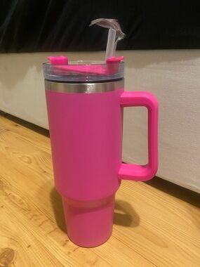 Pink Insulated Travel Tumbler with Handle and Straw - Home Party Supplies